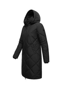 Melnas pusaudze mētelis ar kapuci, garām piedurknēm, diagonālu quilted rakstu, sānu kabatām un priekšējo rāvējslēdzēju.