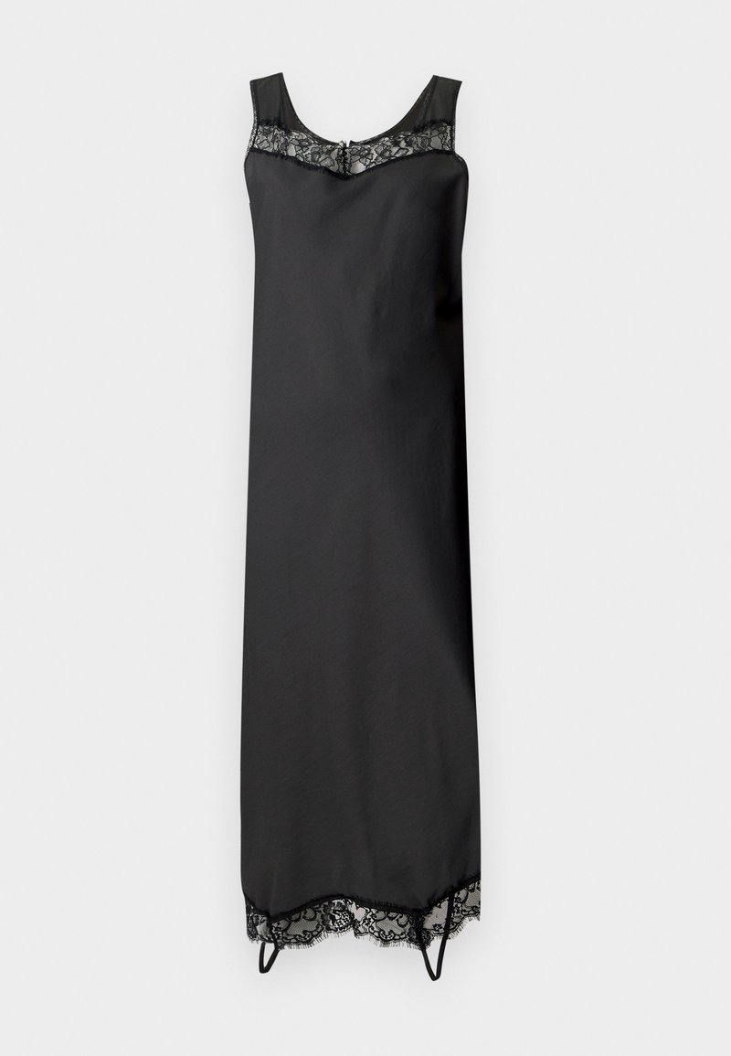 Schwarzes Satin-Negligé mit Spitzenbesatz am Ausschnitt und Saum, ärmelloses Design und zum Überziehen.