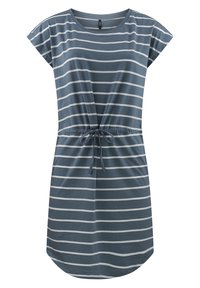 Katoenen jurk in het blauw met witte horizontale strepen. Heeft korte mouwen, een trekkoord in de taille en een ronde zoom. Casual ontwerp.