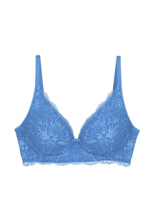 Blue lace bra with floral patterns, adjustable straps, and scalloped edges, designed for support and decorative wear.