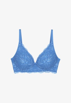 Blue lace bra with floral patterns, adjustable straps, and scalloped edges, designed for support and decorative wear.