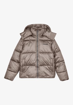 Puffer jacket in taupe with a hood, featuring a zip front, large baffles, and a black logo on the chest. Smooth, glossy texture.