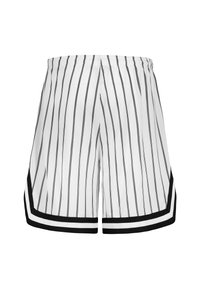 White shorts with black vertical stripes, featuring an elastic waistband and black trim along the hem. Made from a textured fabric.