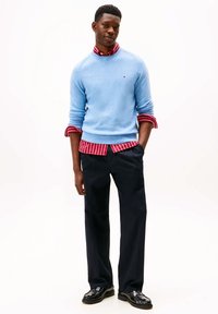 Maglione azzurro chiaro lavorato a maglia indossato su una camicia a righe rosse e bianche, abbinato a pantaloni blu navy e mocassini neri penny.