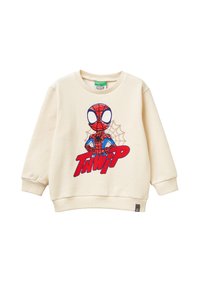 Krémová mikina vyrobená z bavlny, s velkým červeným grafickým motivem Spidermana a textem "TAWIP." Žebrované manžety a lem.
