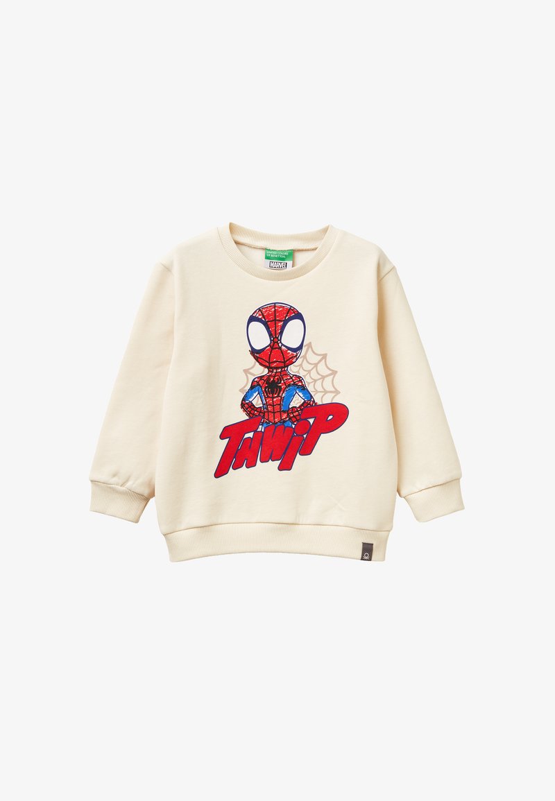 Sudadera de color crema hecha de algodón, con un gran gráfico de Spiderman rojo y el texto "TAWIP". Puños y dobladillo acanalados.