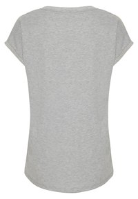 T-shirt gris à manches courtes avec un col rond, en coton doux. Présente un léger éclat au niveau du col et des manches.