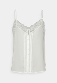 Bílý bezrukávový top s krajkovým lemem, zapínáním na knoflíky vpředu a nastavitelnými špagetovými ramínky.