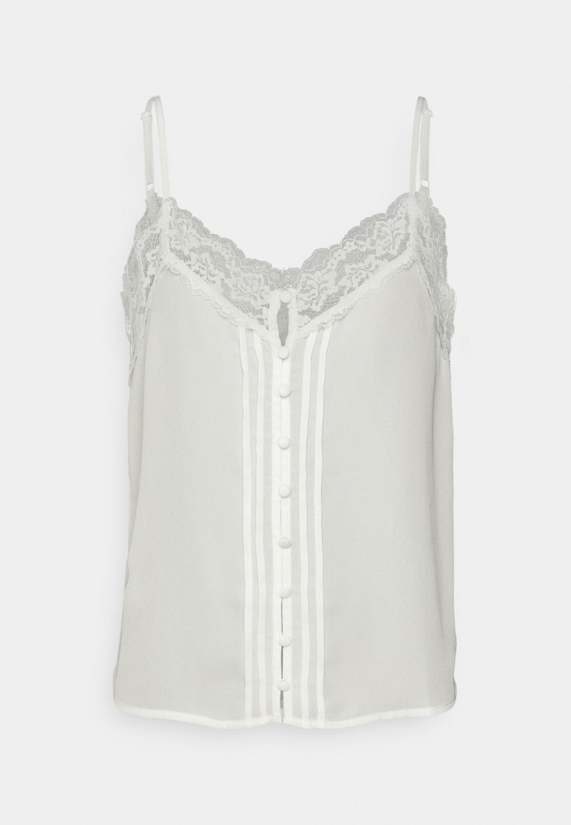 Bílý bezrukávový top s krajkovým lemem, zapínáním na knoflíky vpředu a nastavitelnými špagetovými ramínky.