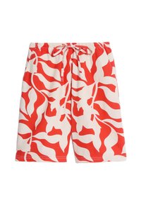 Rote und weiße gemusterte Shorts mit einem Kordelzugbund, die ein großes Blumenmuster auf hellem Hintergrund zeigen. Hergestellt aus leichtem Stoff.