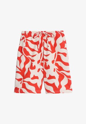 Červeno-bílé krátké kalhoty s šňůrkou v pase, s velkým květinovým vzorem na světlém pozadí. Vyrobeny z lehkého materiálu.