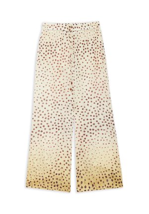 Pantalon crème à jambes larges avec des pois en dégradé marron, taille élastique et cordon de serrage à l'avant.
