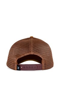 Braune Mesh-Baseballkappe mit verstellbarem Kunststoffverschluss, flacher Krempe und einem Logotag auf der Rückseite. Gepolstertes Innenfutter für Komfort.