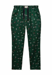 Zaļi pidžamas bikses ar rakstainu dizainu, kas ietver dažādus mazos, krāsainos attēlus. Elastīgs jostasvīrs ar tumši zilu saites akcentu.