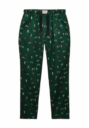 Green pajama pants with a patterned design featuring various small, colorful figures. Elastic waistband with a dark blue drawstring accent.