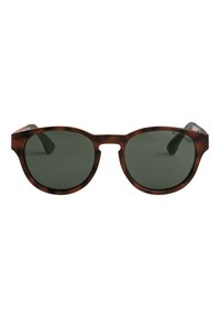 Gafas de sol redondas de carey con lentes polarizadas verdes. Montura de plástico con una textura suave y brazos ligeramente angulados.