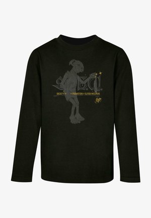 Schwarzes Langarmshirt mit einem grauen Grafikmotiv eines Hauselfen und goldener Schrift mit dem Text "Verein zur Förderung des Wohlergehens von Elfen".