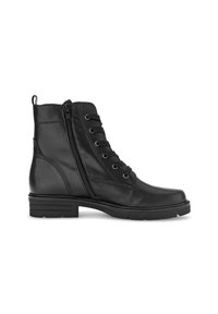 Bottines en cuir noir avec un bout arrondi, des lacets décoratifs, une fermeture éclair sur le côté et un petit talon carré. Présente des détails de couture subtils.