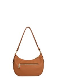 Sac à épaule en cuir brun avec un dessus arrondi, poche zippée dorée à l'avant et bandoulière ajustable avec quincaillerie dorée.