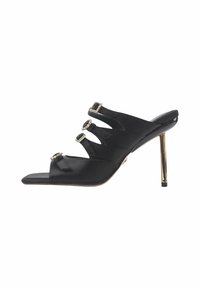 Black satin high-heeled mules with three decorative straps and stone accents, featuring a pointed toe and gold-tone stiletto heel.