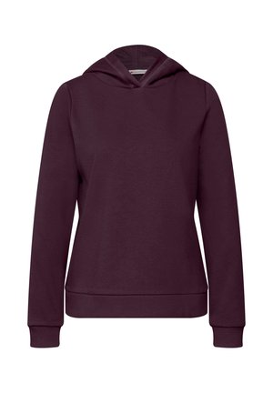 Dunkelviolette Kapuzen-Sweatjacke mit langen Ärmeln sowie gerippten Manschetten und Saum, auf einem weißen Hintergrund präsentiert.
