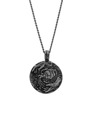 Antique-style round pendant necklace in textured silver metal, featuring intricate sculpted hands and a vessel design. Chain is twisted.