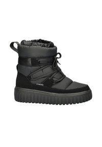 Zwarte geïsoleerde laars met een gevoerde ontwerp, voorzien van een vetersluiting aan de voorkant, een gestructureerde rubberen zool en een opgehoopte enkelmanchet voor extra warmte.