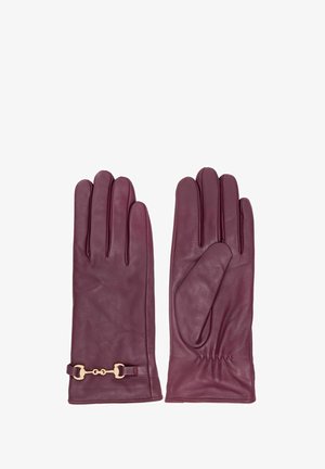 Bordowe skórzane rękawiczki o gładkiej fakturze, z akcentem złotej metaloplastyki i marszczonym detalem na nadgarstku.