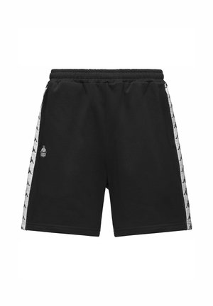 Pantaloncini sportivi neri con vita elastica e righe laterali bianche con motivi ripetuti di piccoli loghi.