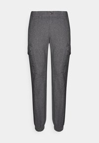 Cargo broek in donkergrijze stof, met een gestructureerd patroon, zijzakken en elastische boorden. Knopsluiting in de taille.