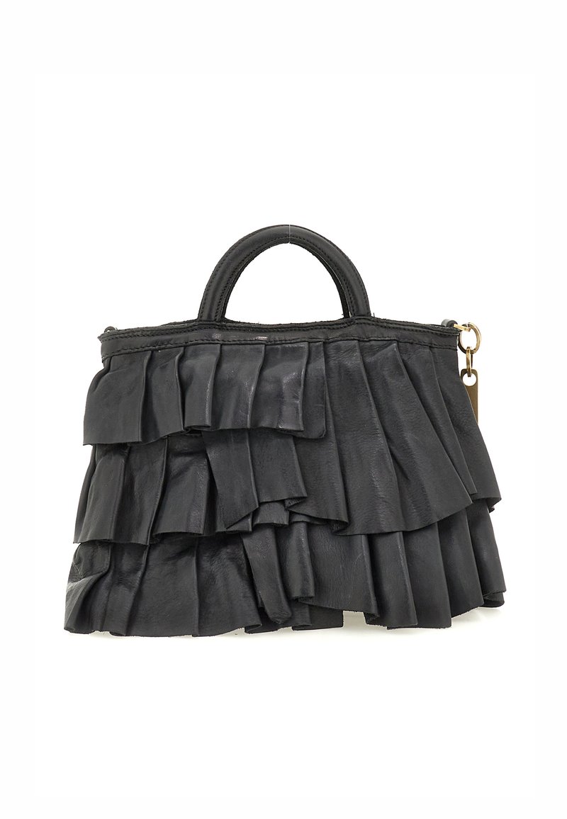 Borsa a tracolla in pelle nera con un design arruffato, dotata di un manico rotondo e dettagli in metallo dorato. Finitura morbida e testurizzata.
