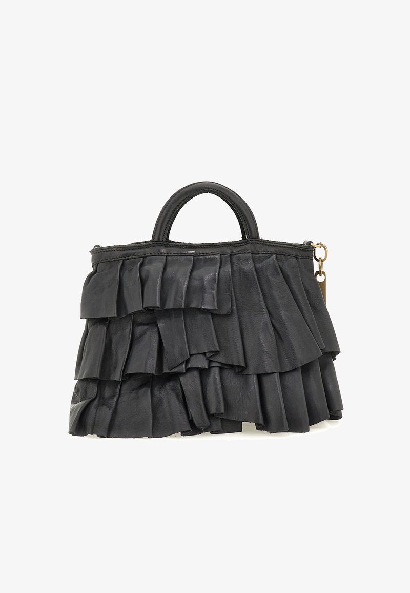 Borsa a tracolla in pelle nera con un design arruffato, dotata di un manico rotondo e dettagli in metallo dorato. Finitura morbida e testurizzata.