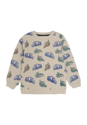 Bawełniany sweatshirt w jasnym beżu z powtarzającymi się kolorowymi ilustracjami pojazdów budowlanych w kolorach niebieskim, zielonym i żółtym. Okrągły dekolt i długie rękawy.
