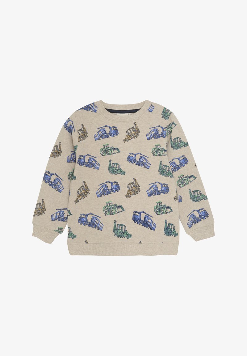 Bomullströja i ljusbeige med upprepade färgglada illustrationer av byggfordon i blått, grönt och gult. Rundad hals och långa ärmar.