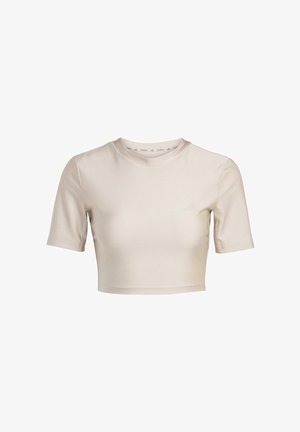 Svijetlosmeđi skraćeni majicu od glatkog, rastezljivog materijala. Ima okrugli izrez i kratke rukave s uskim postavom.