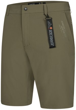 Oliwkowe szorty wykonane z lekkiego materiału, z płaskim przodem, zapięciem na guziki i kieszeniami bocznymi. Posiadają czarną metkę z logo.