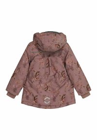 Rosa gemusterte Jacke mit Kapuze, die Blumen- und Tierdesigns aufweist, elastische Bündchen hat und ein kreisförmiges Logo im unteren Rückenbereich trägt.
