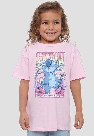 Pink cotton t-shirt featuring a colorful graphic of a cartoon character, surrounded by tropical flowers and the text "ALL SUMMER LONG."