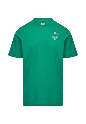 T-shirt vert à manches courtes avec le logo "Kappa Tennis Club" et des raquettes de tennis croisées sur le côté gauche de la poitrine, col rond.