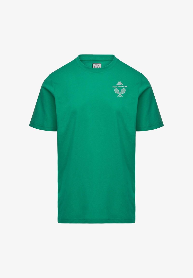 T-shirt vert à manches courtes avec le logo "Kappa Tennis Club" et des raquettes de tennis croisées sur le côté gauche de la poitrine, col rond.