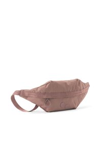 Rosa Nylon-Gürteltasche mit kurviger Form, verstellbarem Tragegurt und zwei farbigen Punkten auf der Vorderseite. Glatte Textur mit Reißverschluss.