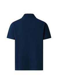 Polo a maniche corte blu navy vista da dietro con colletto classico e senza loghi o motivi visibili.
