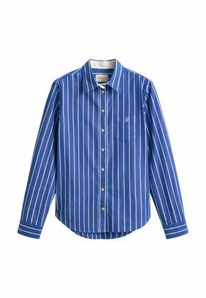 Long-sleeve blue button-up shirt with white vertical stripes and a chest pocket with a small white embroidered logo.