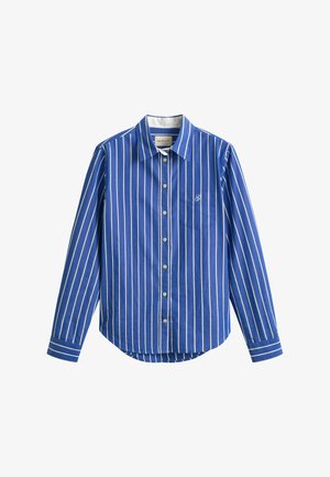 Long-sleeve blue button-up shirt with white vertical stripes and a chest pocket with a small white embroidered logo.