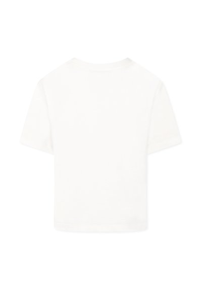 T-shirt bianco in cotone con maniche corte, scollatura rotonda e orlo dritto. Nessuna grafica o motivo visibile. Vestibilità standard.