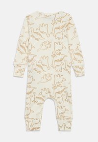 Μπεζ φορμάκι μωρού με μακριά μανίκια και παιχνιδιάρικες καφέ δεινοσαυρικές παραστάσεις, διαθέτει ελαστικούς καρπούς, στρογγυλή λαιμόκοψη και απαλή βαμβακερή υφή.