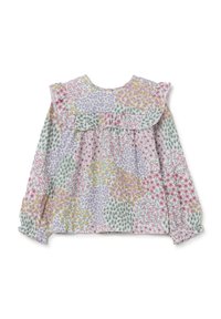 Blusa con estampado floral y cuello con volantes, en colores pastel como rosa, verde y amarillo. Manga larga con puños elásticos.