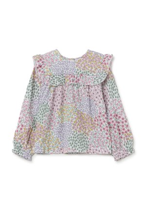 Floral-patterned blouse with ruffled collar, featuring pastel colors like pink, green, and yellow. Long sleeves with elastic cuffs.