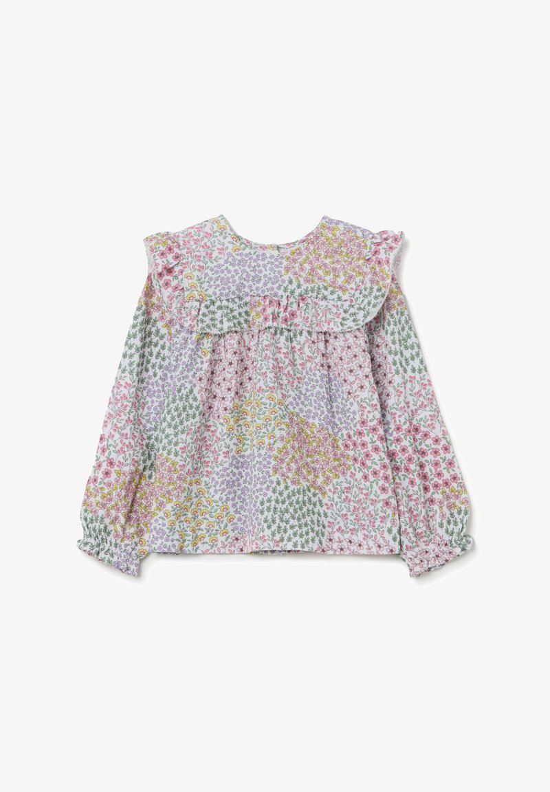 Bluse mit Blumenmuster und Rüschensaum, in Pastellfarben wie Rosa, Grün und Gelb. Lange Ärmel mit elastischen Bündchen.