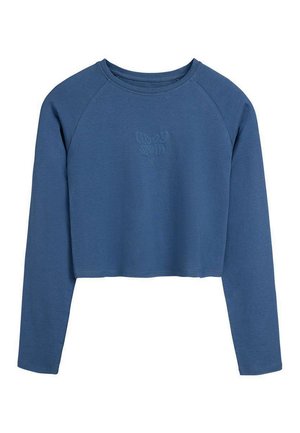Sweat-shirt cropé bleu à manches longues avec col rond, décoré d'un papillon en relief subtil et d'un texte sur la poitrine.